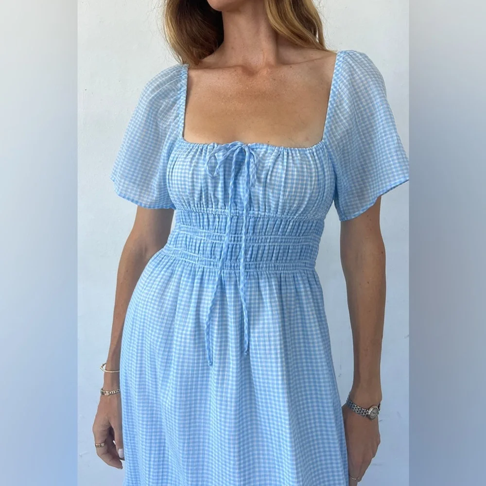 Ciao Lucia Light Blue Gingham Midi Dress - Picture 2 of 10